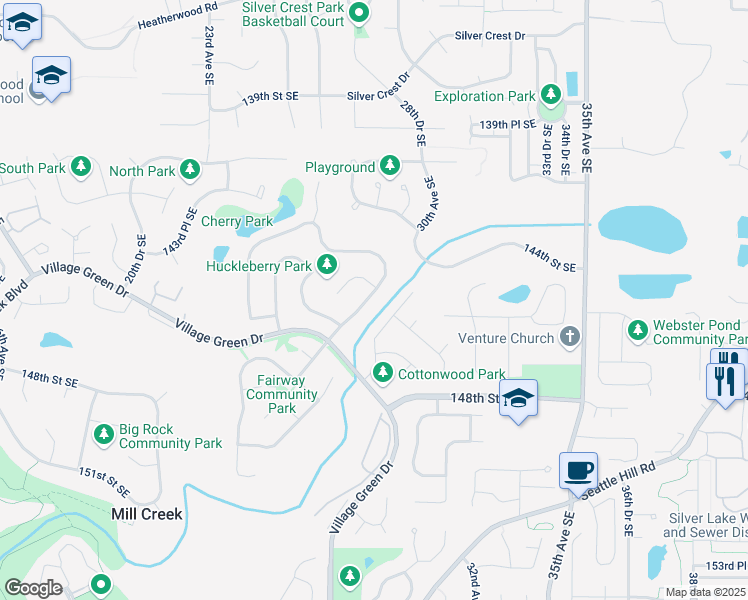 map of restaurants, bars, coffee shops, grocery stores, and more near 14431 Huckleberry Drive in Mill Creek