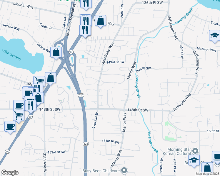 map of restaurants, bars, coffee shops, grocery stores, and more near 2810 145th Street Southwest in Lynnwood