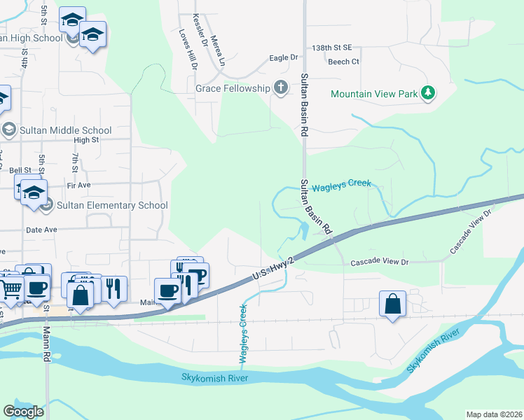 map of restaurants, bars, coffee shops, grocery stores, and more near 404 11th Street in Sultan