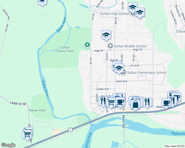map of restaurants, bars, coffee shops, grocery stores, and more near 515 1st Street in Sultan