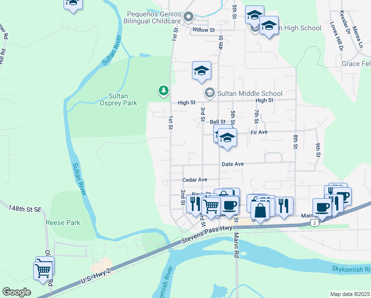 map of restaurants, bars, coffee shops, grocery stores, and more near 106 Raspberry Lane in Sultan
