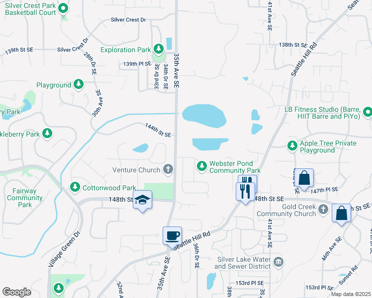map of restaurants, bars, coffee shops, grocery stores, and more near 14415 35th Avenue Southeast in Mill Creek