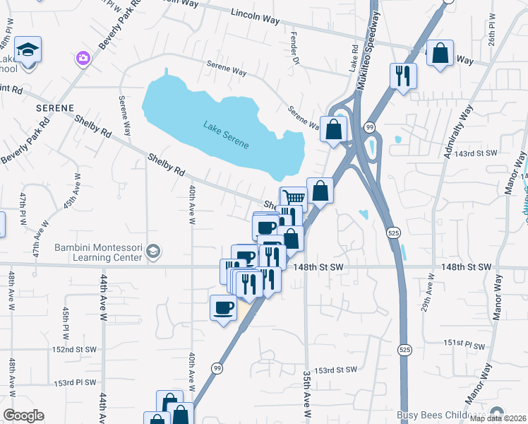 map of restaurants, bars, coffee shops, grocery stores, and more near 3624 Shelby Road in Lynnwood