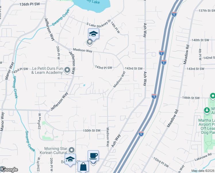 map of restaurants, bars, coffee shops, grocery stores, and more near 14424 Madison Way in Lynnwood