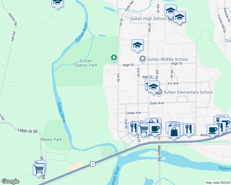 map of restaurants, bars, coffee shops, grocery stores, and more near 515 1st Street in Sultan
