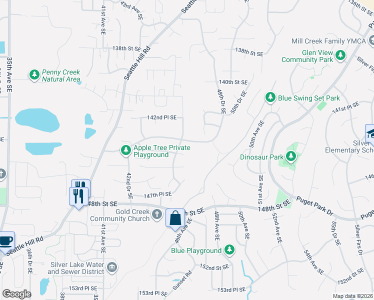 map of restaurants, bars, coffee shops, grocery stores, and more near 4617 144th Place Southeast in Snohomish