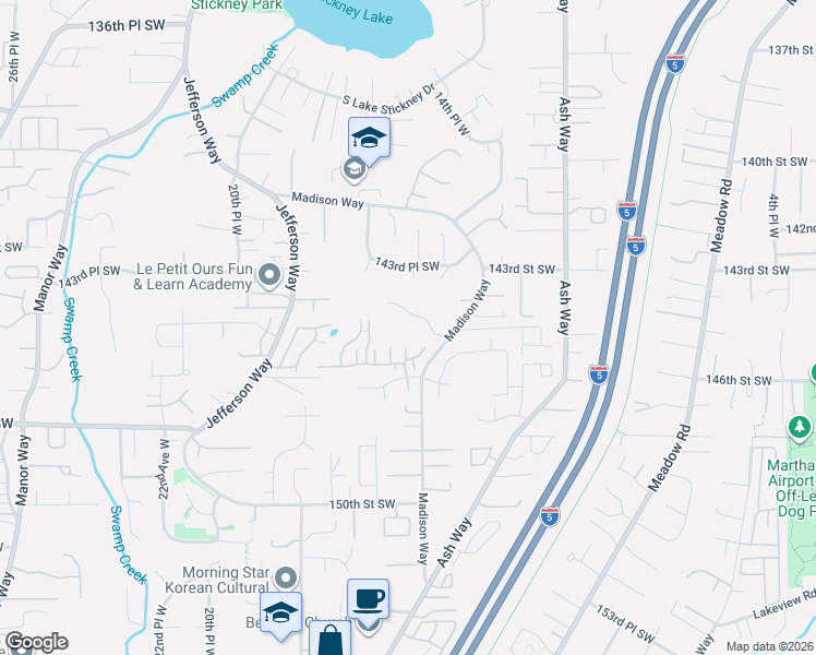 map of restaurants, bars, coffee shops, grocery stores, and more near 14424 Madison Way in Lynnwood