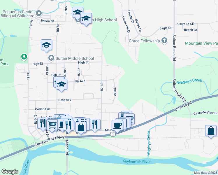 map of restaurants, bars, coffee shops, grocery stores, and more near 510 Walnut Street in Sultan
