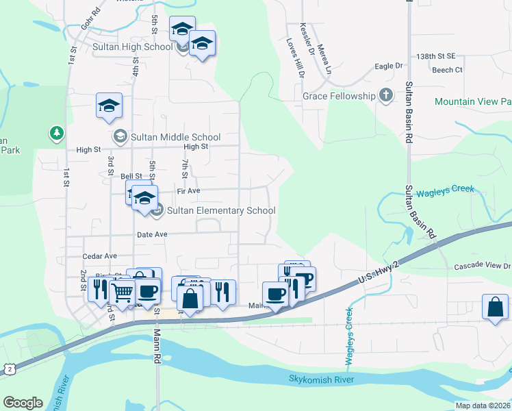 map of restaurants, bars, coffee shops, grocery stores, and more near 510 Walnut Street in Sultan