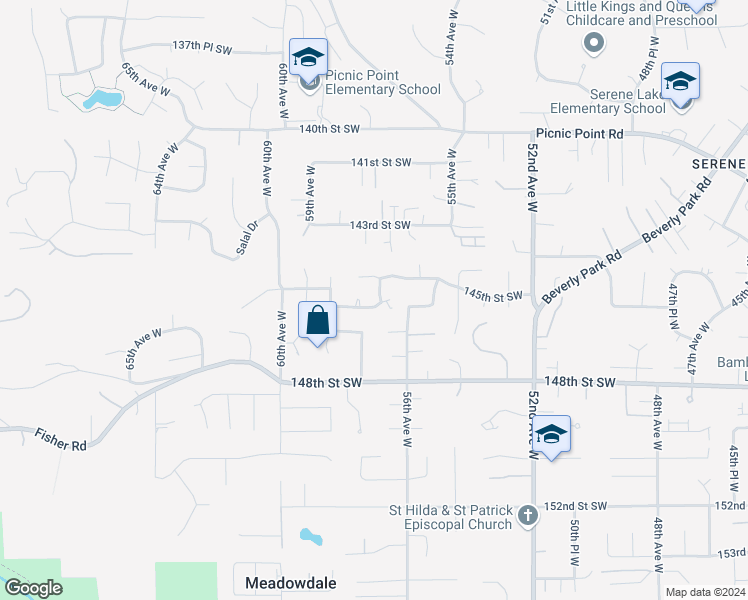 map of restaurants, bars, coffee shops, grocery stores, and more near 16027 57th Avenue West in Edmonds
