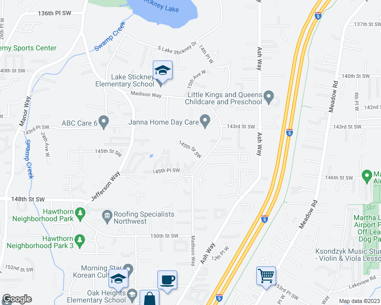 map of restaurants, bars, coffee shops, grocery stores, and more near 14424 Madison Way in Lynnwood