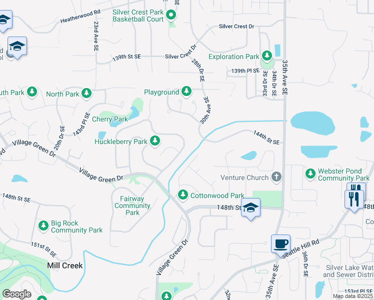 map of restaurants, bars, coffee shops, grocery stores, and more near 14431 Huckleberry Drive in Mill Creek