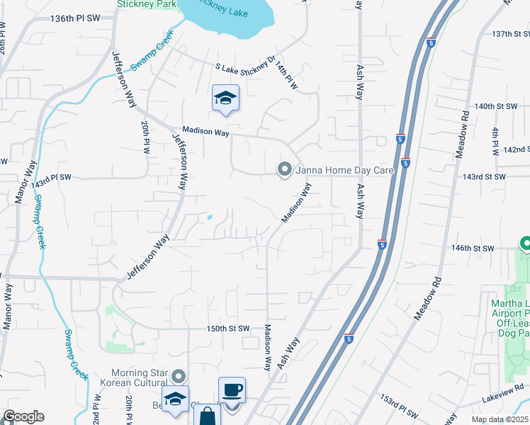 map of restaurants, bars, coffee shops, grocery stores, and more near 14424 Madison Way in Lynnwood