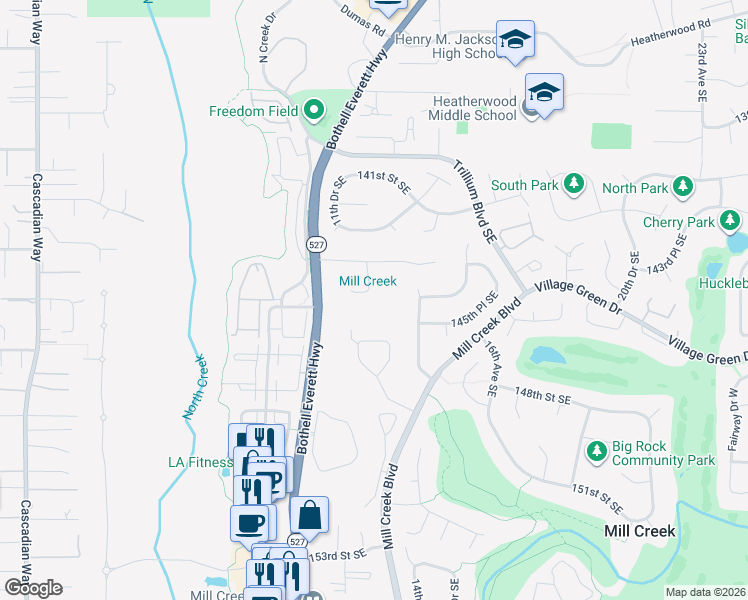 map of restaurants, bars, coffee shops, grocery stores, and more near 1232 144th Place Southeast in Mill Creek