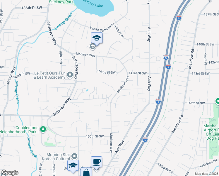 map of restaurants, bars, coffee shops, grocery stores, and more near 14424 Madison Way in Lynnwood