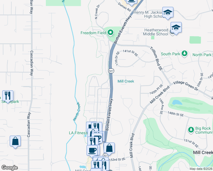 map of restaurants, bars, coffee shops, grocery stores, and more near 14420 North Creek Drive in Mill Creek