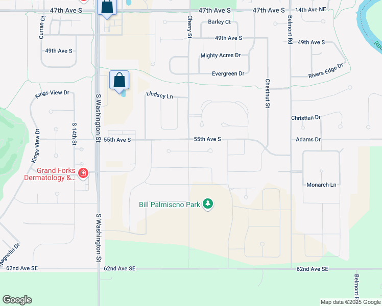 map of restaurants, bars, coffee shops, grocery stores, and more near 55th Avenue South in Grand Forks