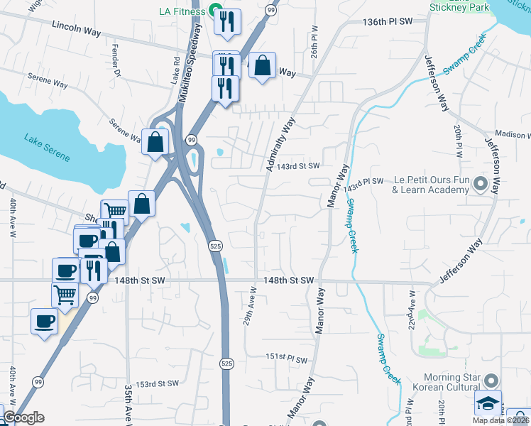 map of restaurants, bars, coffee shops, grocery stores, and more near 3001 145th Street Southwest in Lynnwood