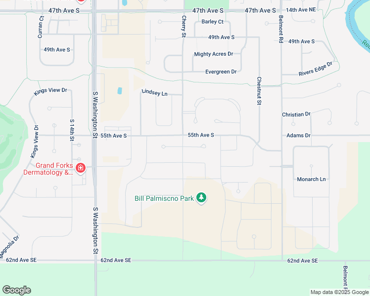 map of restaurants, bars, coffee shops, grocery stores, and more near 55th Avenue South in Grand Forks