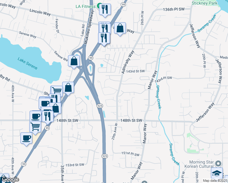 map of restaurants, bars, coffee shops, grocery stores, and more near 14500 Admiralty Way in Lynnwood