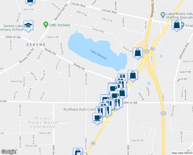 map of restaurants, bars, coffee shops, grocery stores, and more near 3818 Shelby Road in Lynnwood