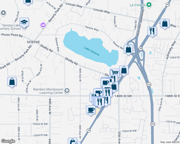 map of restaurants, bars, coffee shops, grocery stores, and more near 3822 Shelby Road in Lynnwood