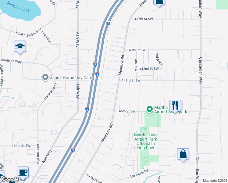 map of restaurants, bars, coffee shops, grocery stores, and more near 627 145th Place Southwest in Lynnwood