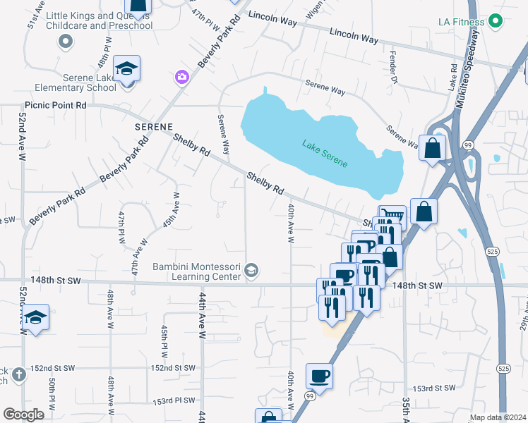 map of restaurants, bars, coffee shops, grocery stores, and more near 14523 42nd Avenue West in Lynnwood