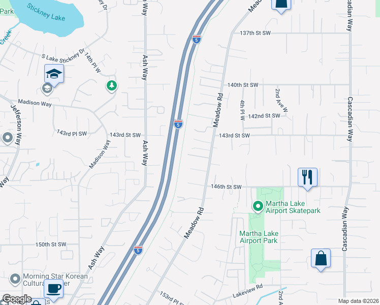 map of restaurants, bars, coffee shops, grocery stores, and more near 726 143rd Place Southwest in Lynnwood