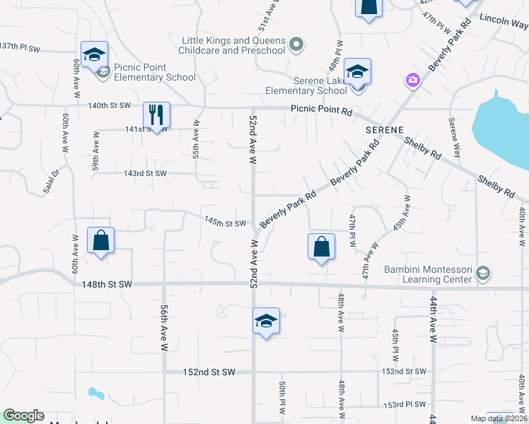 map of restaurants, bars, coffee shops, grocery stores, and more near 5113 144th Street Southwest in Edmonds