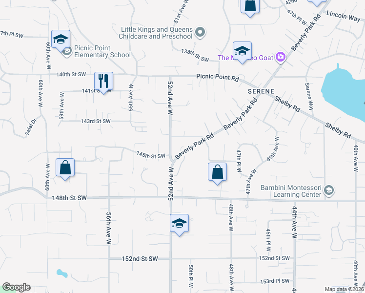 map of restaurants, bars, coffee shops, grocery stores, and more near 5113 144th Street Southwest in Edmonds