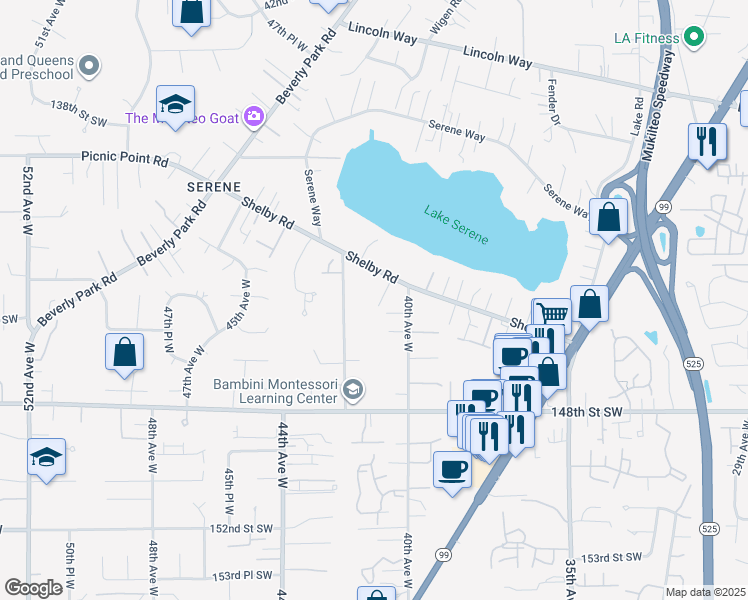 map of restaurants, bars, coffee shops, grocery stores, and more near 4110 Shelby Road in Lynnwood