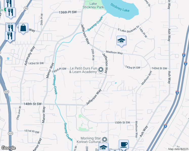 map of restaurants, bars, coffee shops, grocery stores, and more near 2010 143rd Place Southwest in Lynnwood