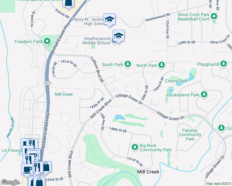 map of restaurants, bars, coffee shops, grocery stores, and more near 1712 144th Place Southeast in Mill Creek