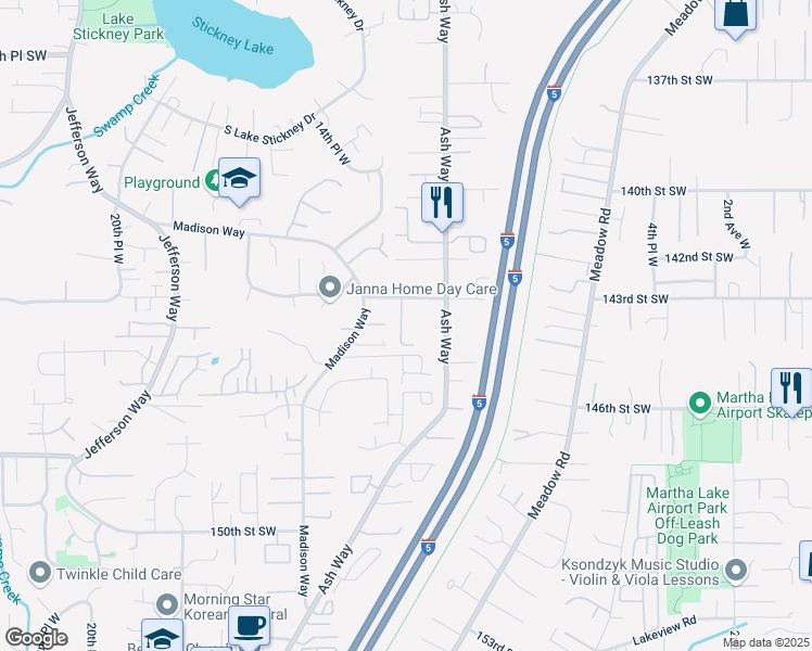 map of restaurants, bars, coffee shops, grocery stores, and more near 1102 143rd Street Southwest in Lynnwood