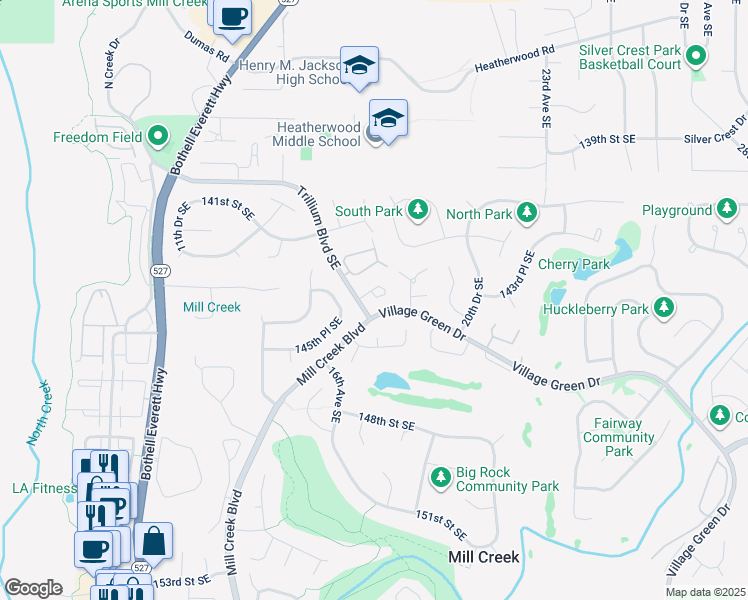 map of restaurants, bars, coffee shops, grocery stores, and more near 1712 144th Place Southeast in Mill Creek