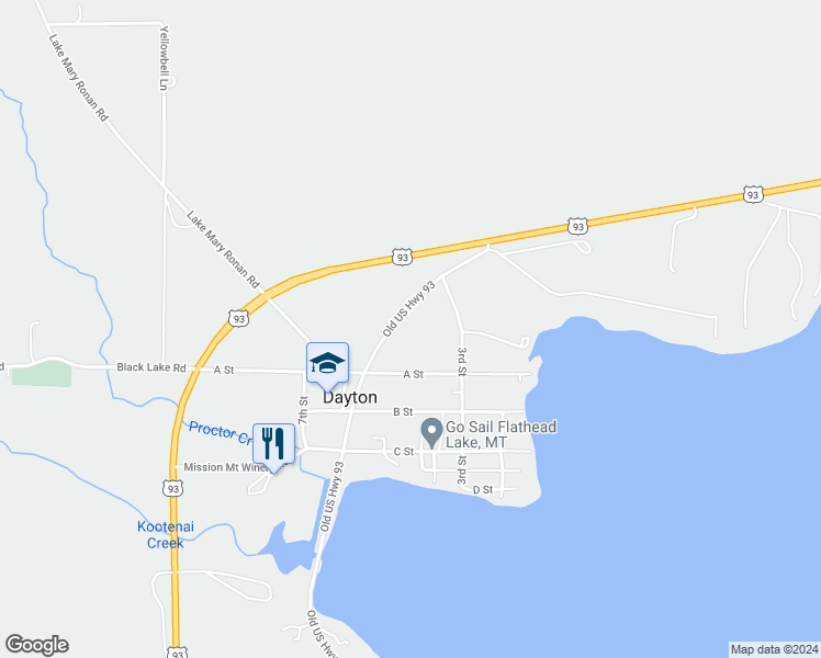 map of restaurants, bars, coffee shops, grocery stores, and more near 23833 Old US Highway 93 in Dayton