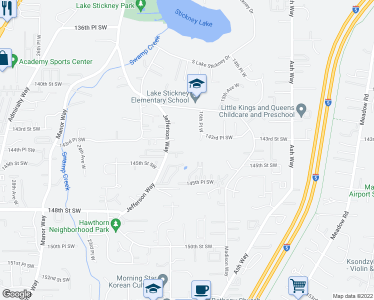 map of restaurants, bars, coffee shops, grocery stores, and more near 14312 16th Place West in Lynnwood