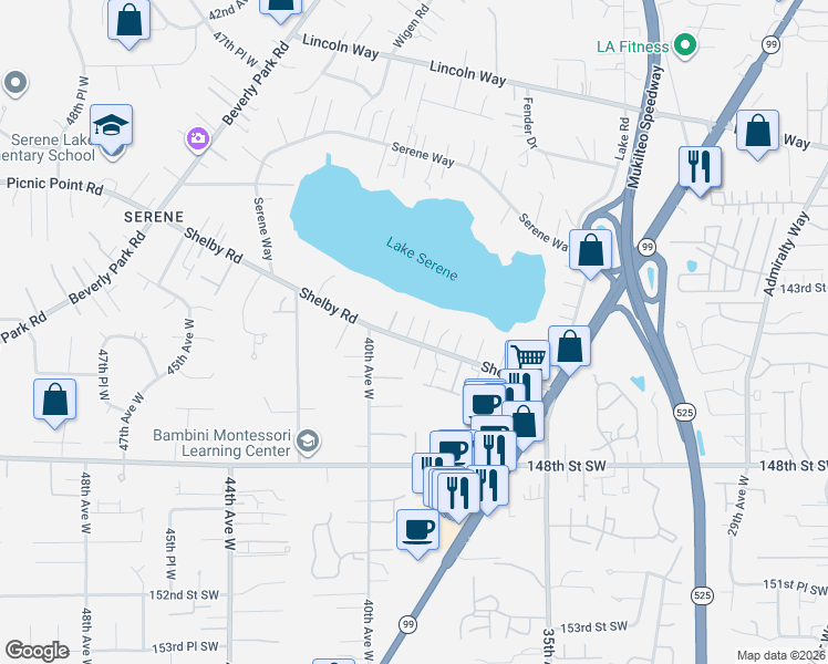 map of restaurants, bars, coffee shops, grocery stores, and more near 3817 Shelby Road in Lynnwood