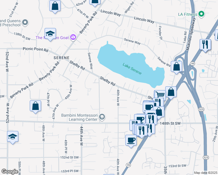 map of restaurants, bars, coffee shops, grocery stores, and more near 4110 Shelby Road in Lynnwood