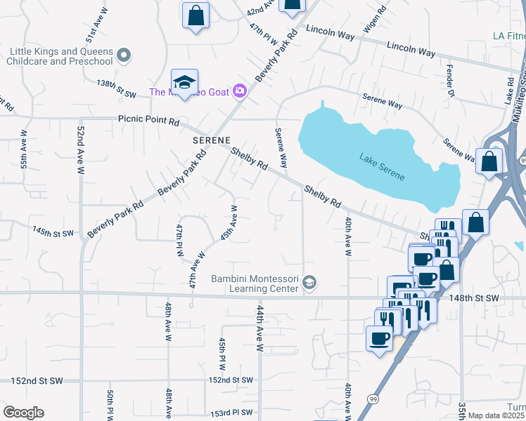 map of restaurants, bars, coffee shops, grocery stores, and more near 14317 43rd Avenue West in Lynnwood