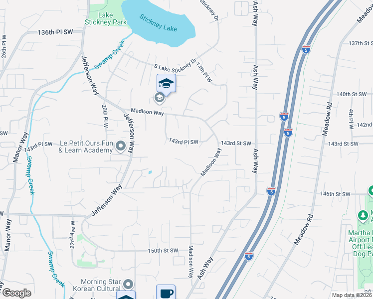map of restaurants, bars, coffee shops, grocery stores, and more near 1506 143rd Place Southwest in Lynnwood