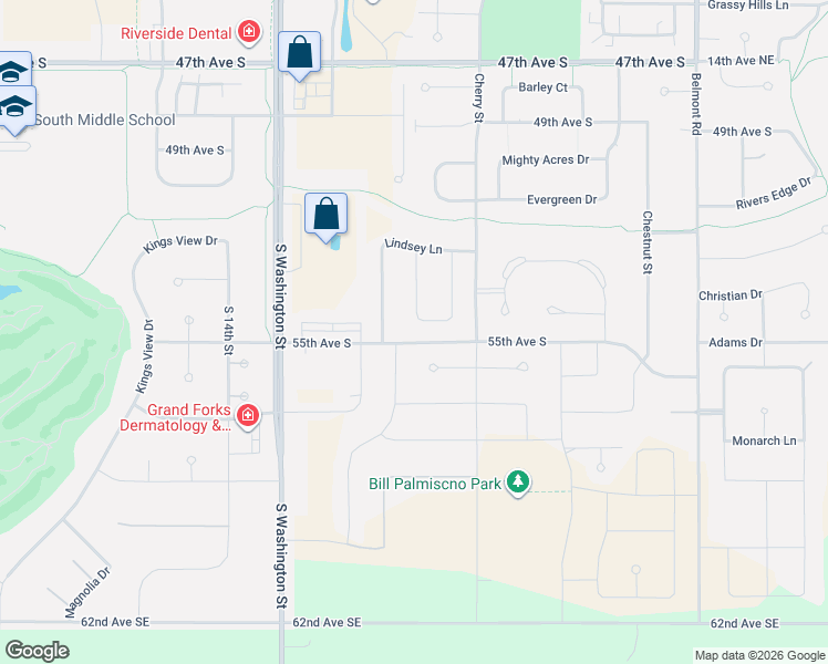 map of restaurants, bars, coffee shops, grocery stores, and more near Mac Drive in Grand Forks
