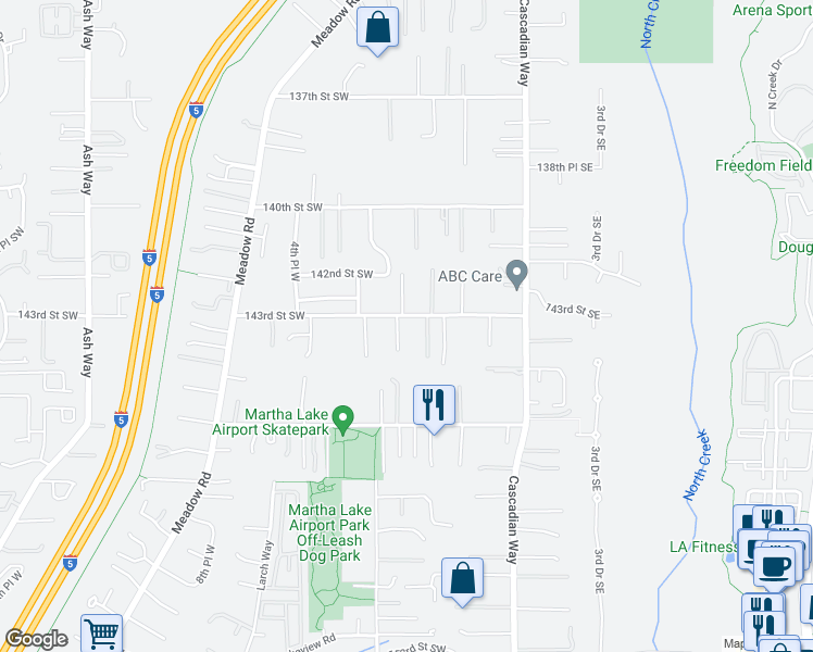 map of restaurants, bars, coffee shops, grocery stores, and more near 102 143rd Street Southwest in Lynnwood