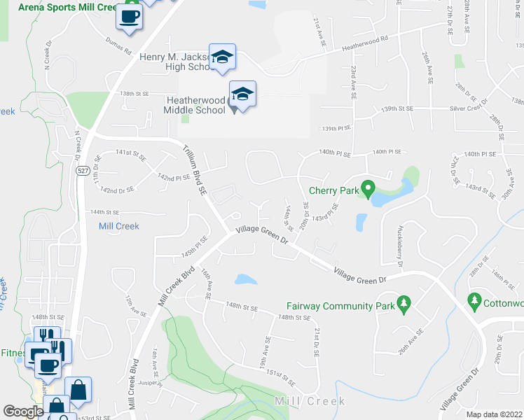 map of restaurants, bars, coffee shops, grocery stores, and more near 1805 Village Green Drive in Mill Creek