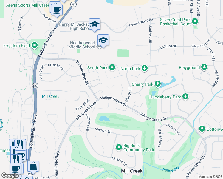 map of restaurants, bars, coffee shops, grocery stores, and more near 1805 Village Green Drive in Mill Creek