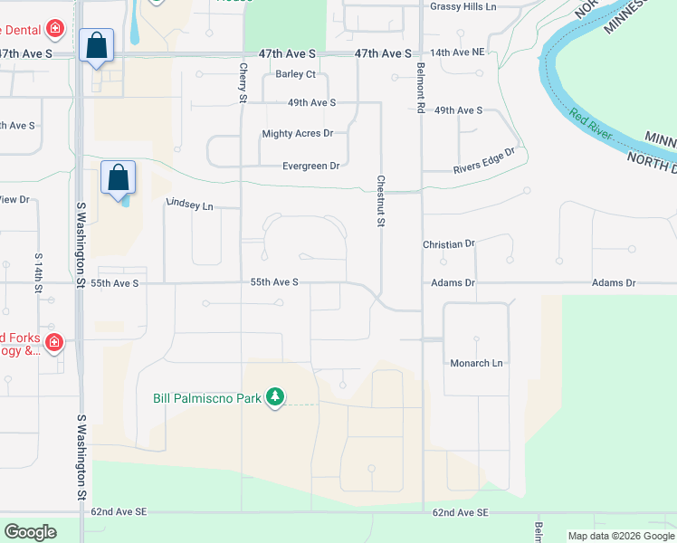 map of restaurants, bars, coffee shops, grocery stores, and more near 575 Beacon Circle in Grand Forks