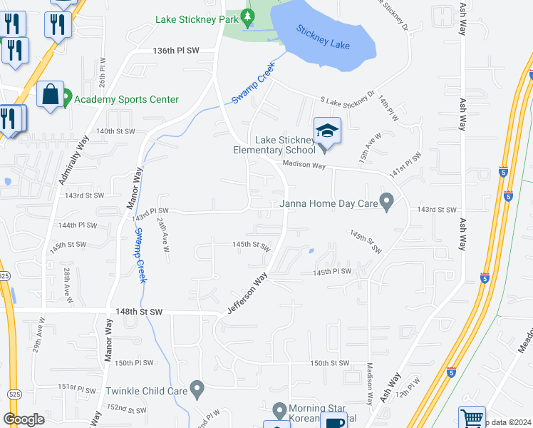 map of restaurants, bars, coffee shops, grocery stores, and more near 1920 143rd Place Southwest in Lynnwood