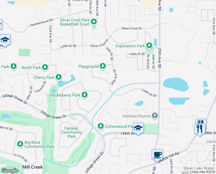map of restaurants, bars, coffee shops, grocery stores, and more near 14304 30th Avenue Southeast in Mill Creek
