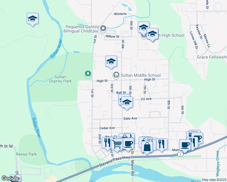 map of restaurants, bars, coffee shops, grocery stores, and more near 301 Bell Street in Sultan